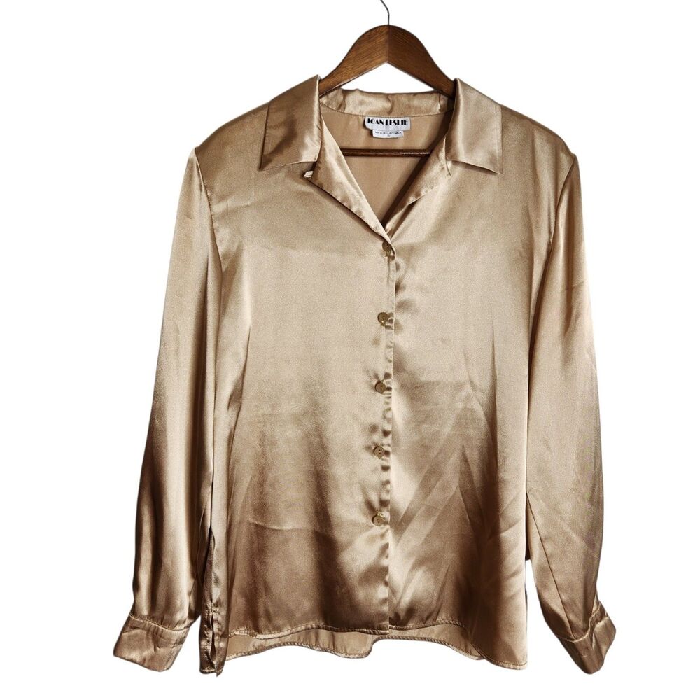 Vintage JOAN LESLIE Womens Size 16 Gold Satin LIghtweight LS Button Up Blouse